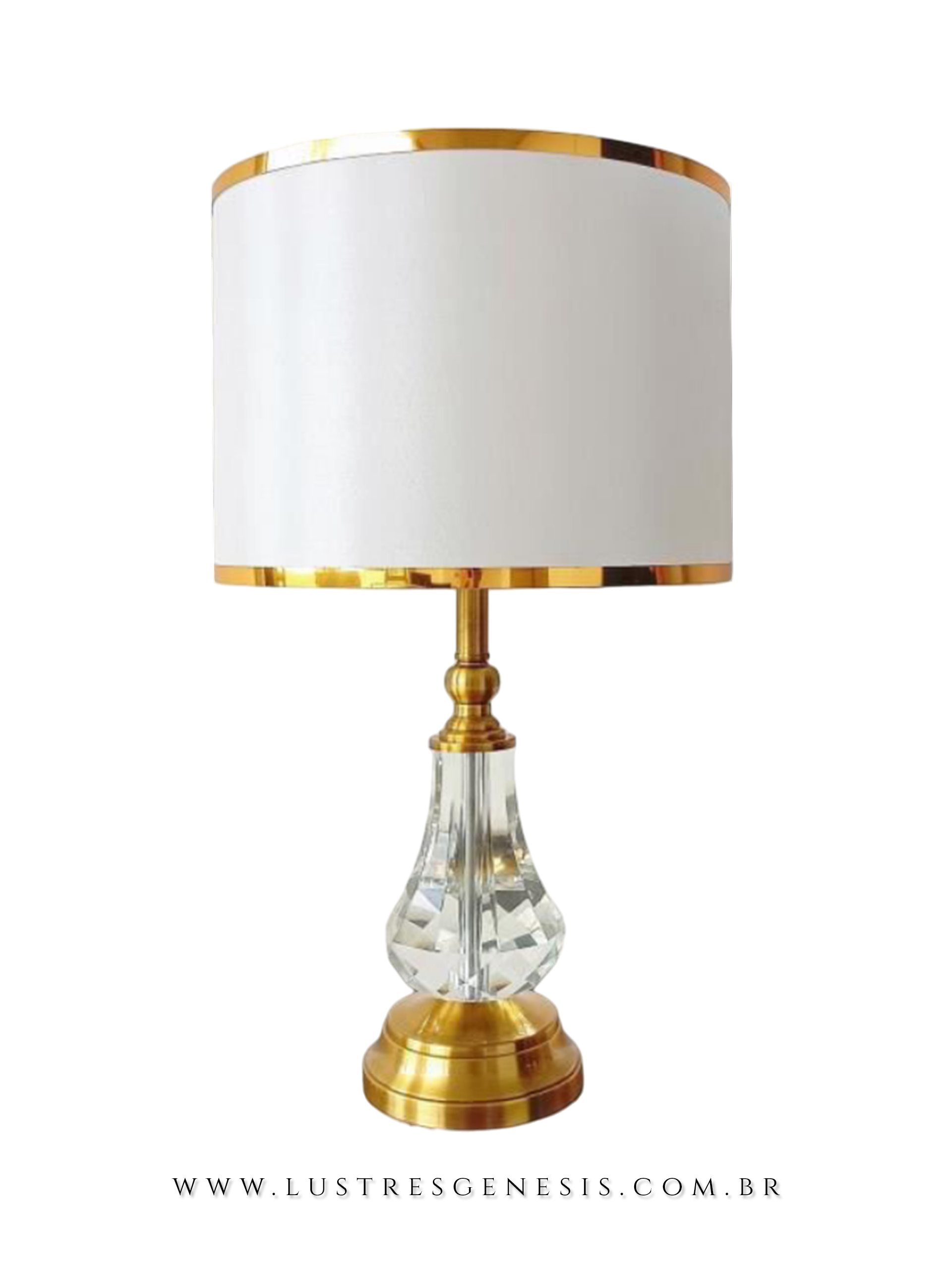 Abajur Inacia com base de cristal e detalhes dourados, cúpula branca com acabamento dourado, ideal para quartos e escritórios.